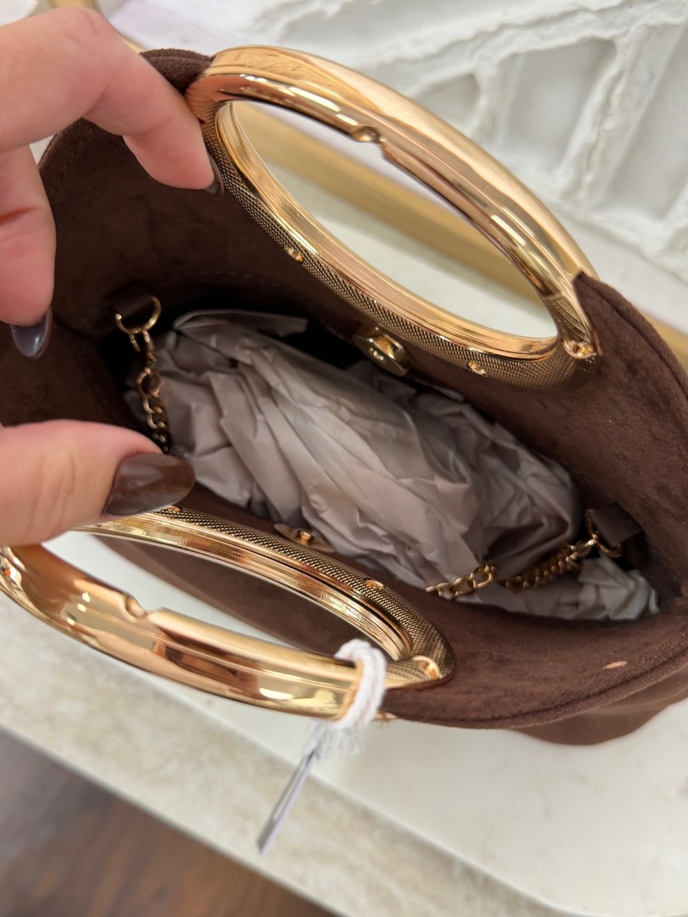 Haute Hippie Chocolate Brown Suede Clutch with Gold Ring Handle - Picture 15 of 16